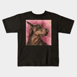 Painting of a Gorgeous a Brown Doberman on Dark Pink Background Kids T-Shirt